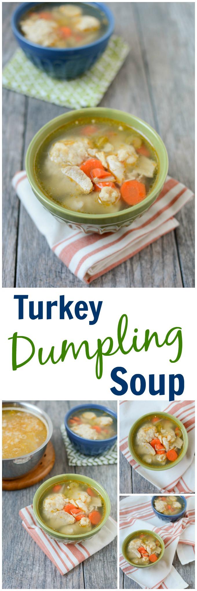 This Turkey Dumpling Soup is the perfect day after Thanksgiving meal. Use your turkey bones to make homemade broth, then add veggies, leftover turkey and dumplings for a warm, hearty meal!