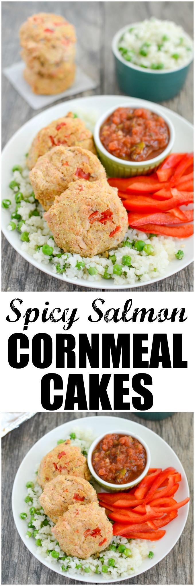 These Spicy Salmon Cornmeal Cakes are made with just a few simple ingredients and are great for a quick, healthy dinner. Enjoy the leftovers over a salad for lunch!