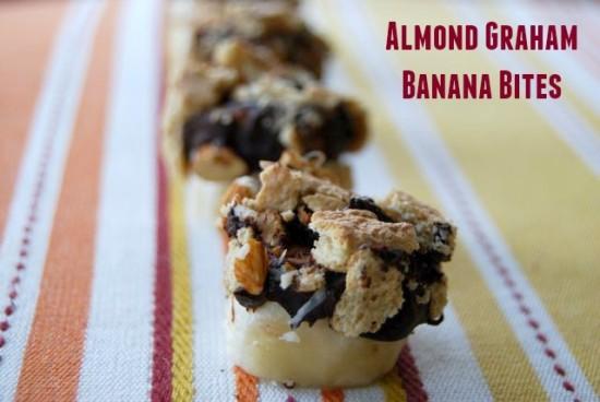 Banana slices dipped in chocolate and topped with almonds and graham crackers make a delicious, healthy, kid-friendly snack!