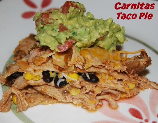 Use the crockpot to cook the pork and this Carnitas Taco Pie comes together in no time!