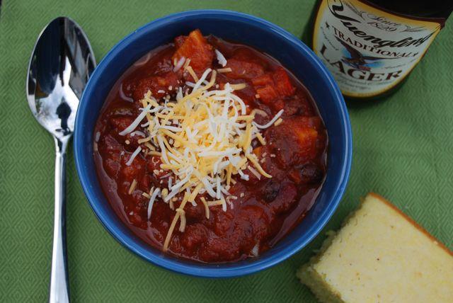This vegetarian chili is made in the slow cooker. It's packed with beans and vegetables and makes plenty of leftovers!