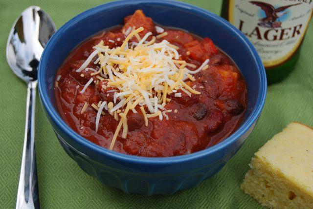 This vegetarian chili is made in the slow cooker. It's packed with beans and vegetables and makes plenty of leftovers!