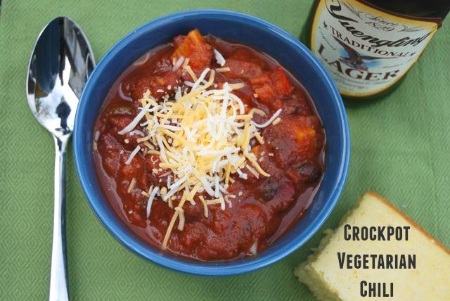 This vegetarian chili is made in the slow cooker. It's packed with beans and vegetables and makes plenty of leftovers!