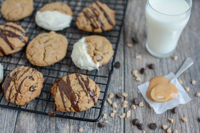 Toffee Peanut Butter Cookies with chocolate drizzle