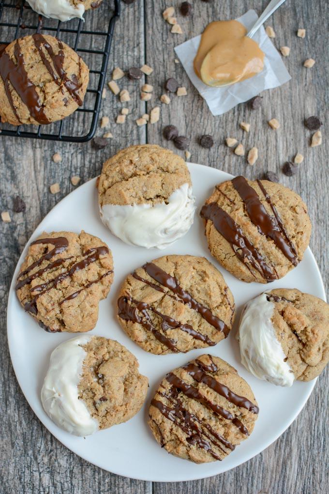 These Toffee Peanut Butter Chocolate Chip Cookies can be enjoyed plain or drizzle with chocolate. They're the perfect addition to a party or a holiday dessert tray.