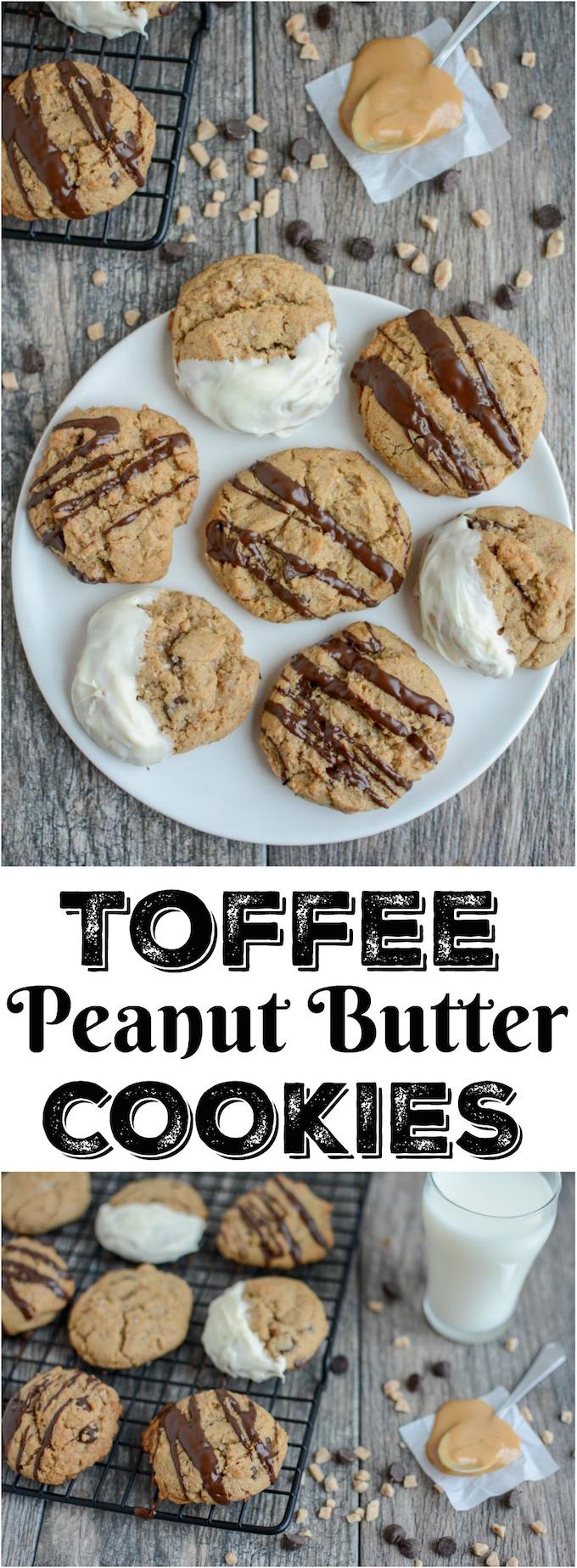 These Toffee Peanut Butter Chocolate Chip Cookies can be enjoyed plain or drizzle with chocolate. They're the perfect addition to a party or a Christmas dessert tray.