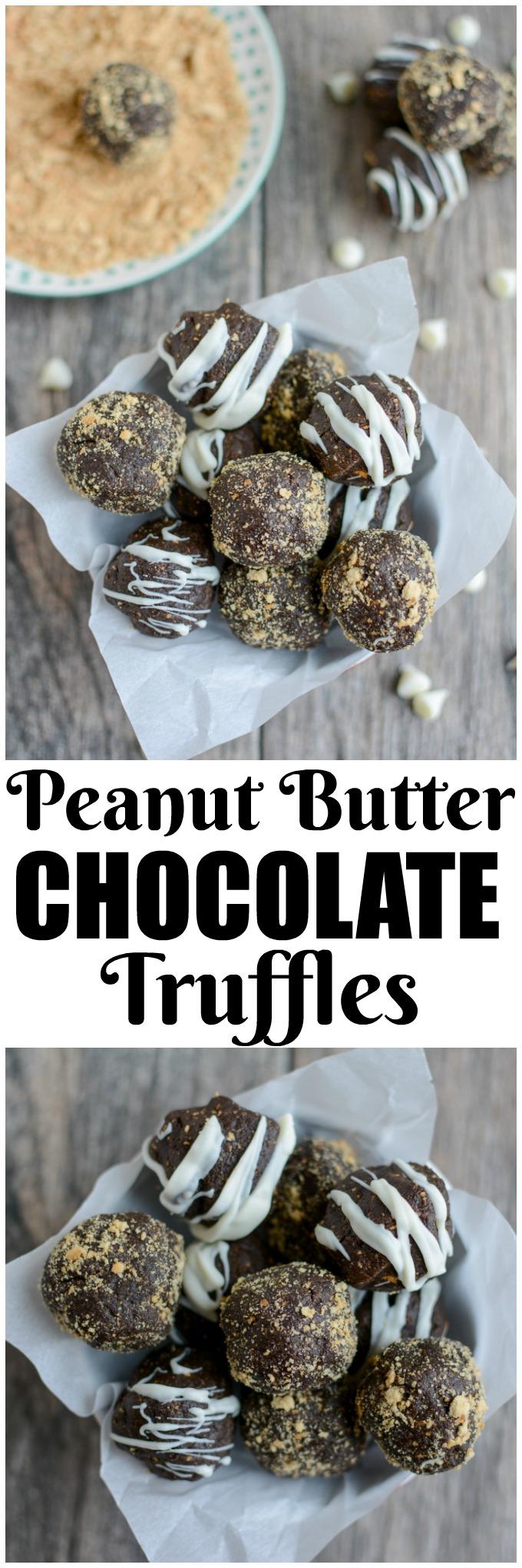 These Peanut Butter Chocolate Truffles are the perfect holiday dessert. Made with just four simple ingredients, they're easy to make and deliciously rich. Roll them in graham crackers or drizzle with chocolate to make them a little fancier!