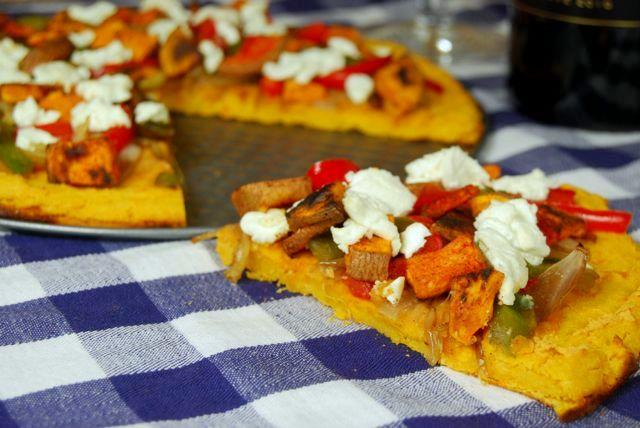 This Sweet Potato Socca Crust is gluten-free and the perfect base for this Caramelized Onion and Goat Cheese Pizza!