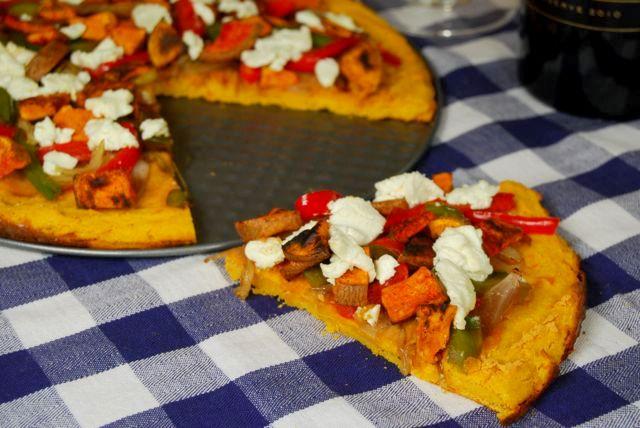 This Sweet Potato Socca Crust is gluten-free and the perfect base for this Caramelized Onion and Goat Cheese Pizza!