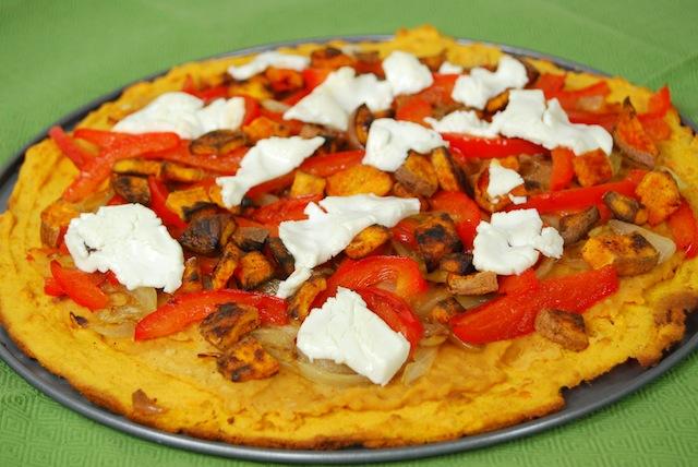 This Sweet Potato Socca Crust is gluten-free and the perfect base for this Caramelized Onion and Goat Cheese Pizza!