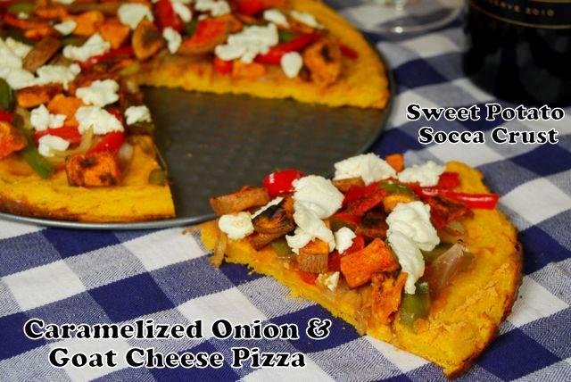 This Sweet Potato Socca Crust is gluten-free and the perfect base for this Caramelized Onion and Goat Cheese Pizza!