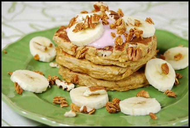 These Whole Wheat pancakes have some delicious mix-ins like bananas for sweetness and granola for crunch! Make a batch this weekend!