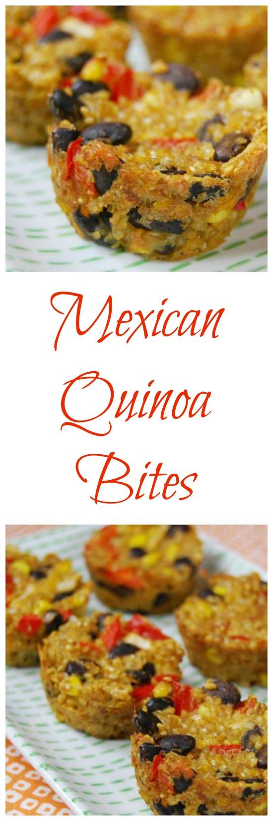 These Mexican Quinoa Bites make a great appetizer and can also be eaten as a main meal. They're vegetarian,  packed with protein and fiber and taste great with a variety of dipping sauces!