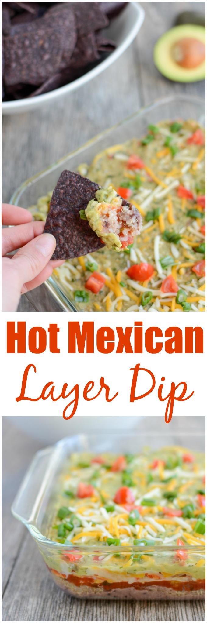 This recipe for Hot Mexican Layer Dip is an easy, healthy appetizer that's perfect for parties, game days and other gatherings. Plus it's full of protein thanks to the quinoa, cottage cheese and black beans so you can feel good about eating it!