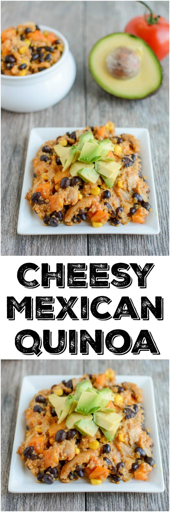 This Cheesy Mexican Quinoa recipe is perfect for a quick, healthy dinner. Make it vegetarian or add some leftover chicken and customize with your favorite vegetables!