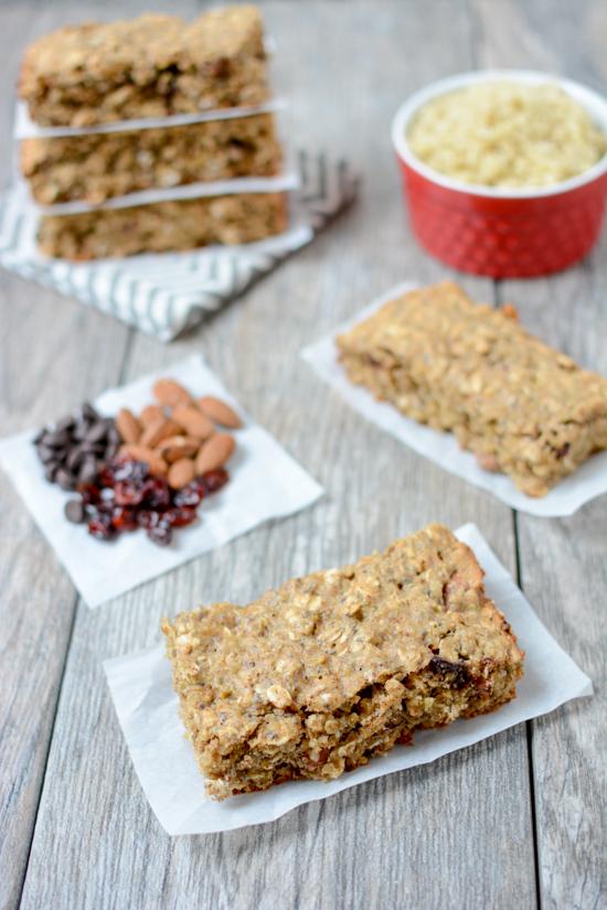 Packed with protein and healthy fats, this recipe for Quinoa Breakfast Bars is easy to prep ahead of time and makes the perfect grab and go breakfast on a busy morning.
