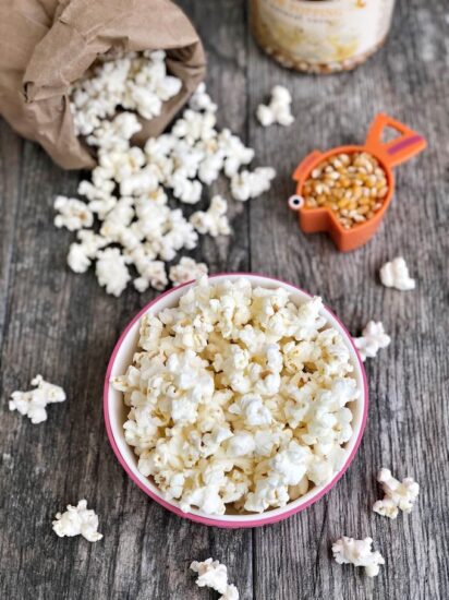 Healthy Microwave Popcorn in a paper lunch sack