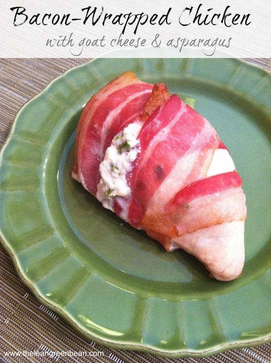 This Bacon Wrapped Chicken looks fancy but couldn't be easier to make. Stuffed with goat cheese and asparagus it's sure to be a hit!