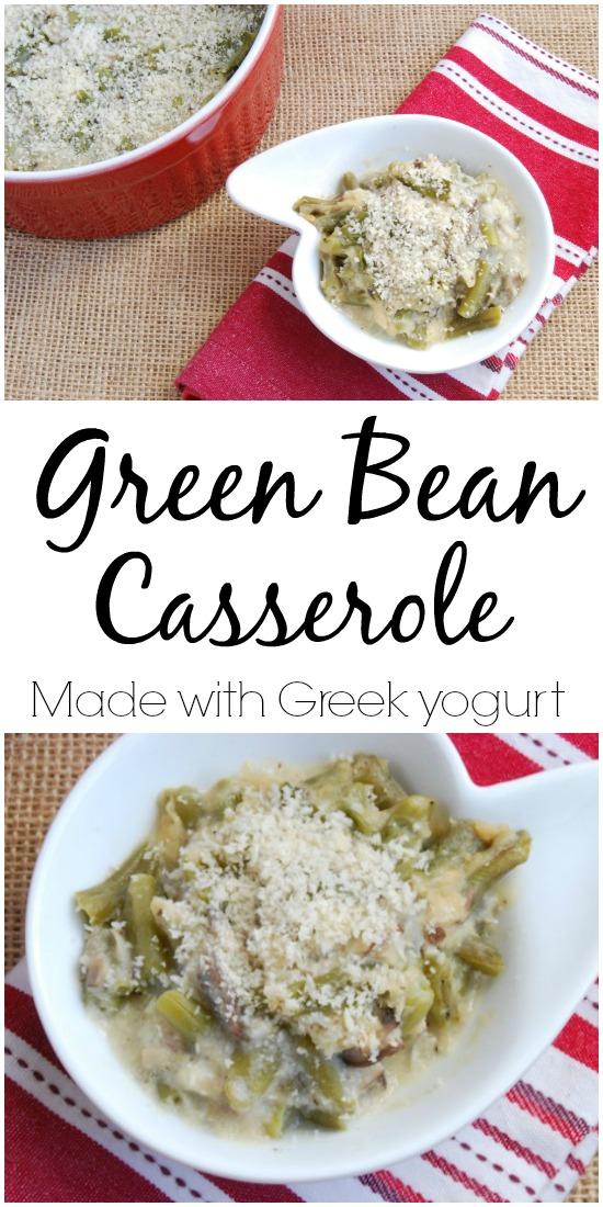 A lightened up Green Bean Casserole recipe made with Greek yogurt! The perfect side dish for Thanksgiving. 