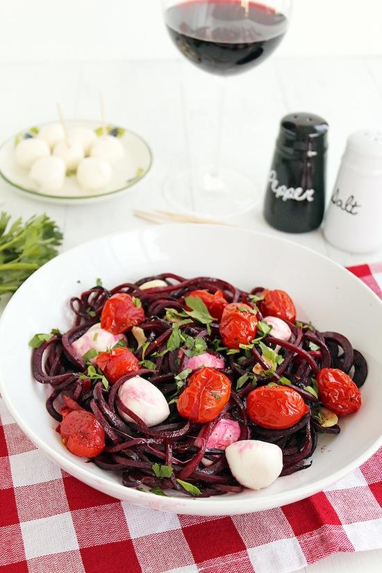 This Winter Caprese with Beet Noodles is a healthy low carb dinner option thanks to the spiralized vegetable noodles!