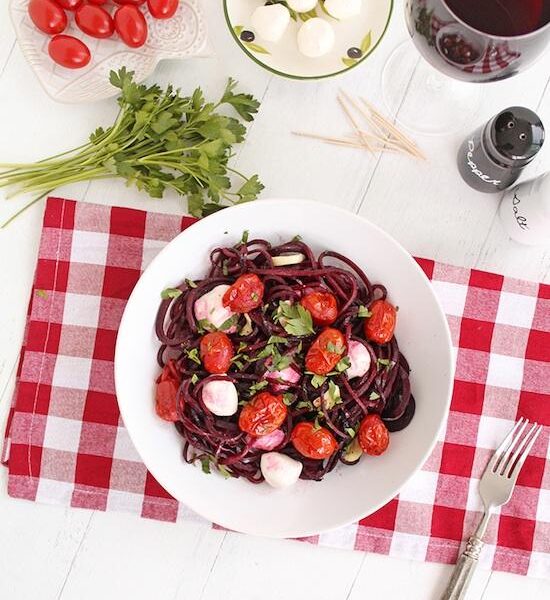 winter caprese with beet noodles