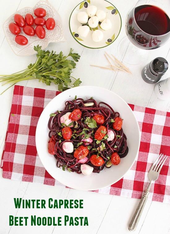 This Winter Caprese with Beet Noodles is a healthy low carb dinner option thanks to the spiralized vegetable noodles!