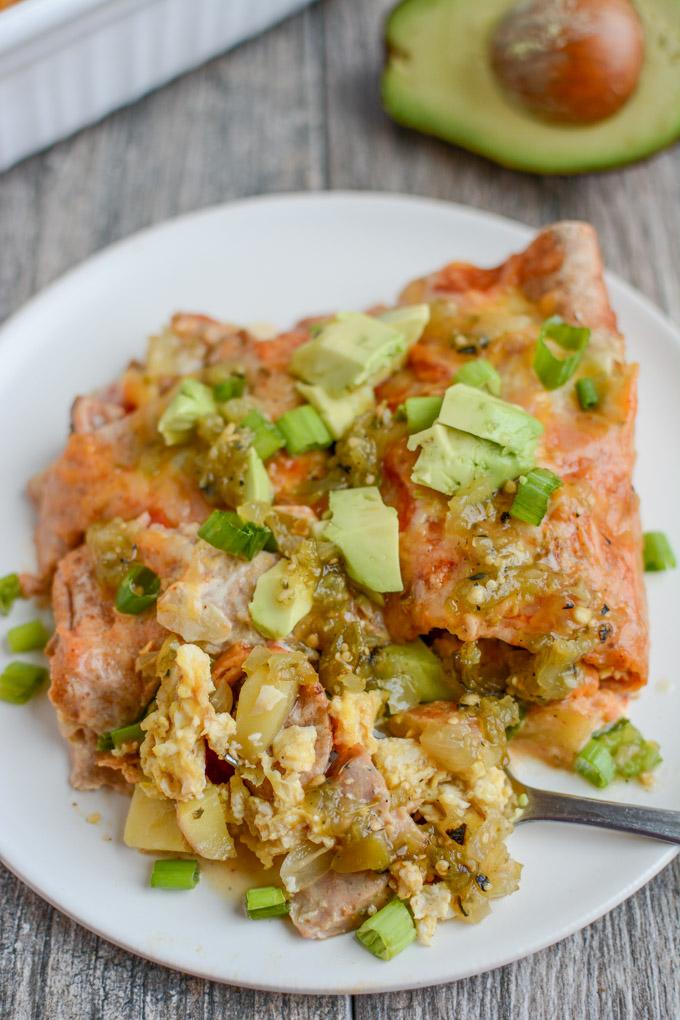 Breakfast Enchilada Casserole with salsa verde