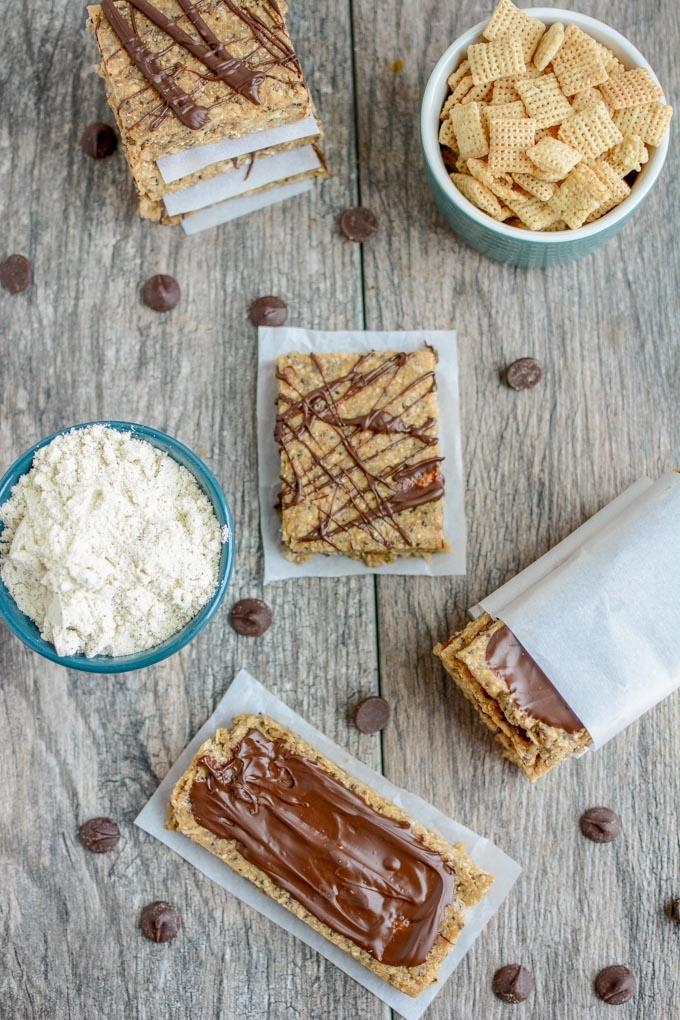 No Bake Protein Bars topped with chocolate