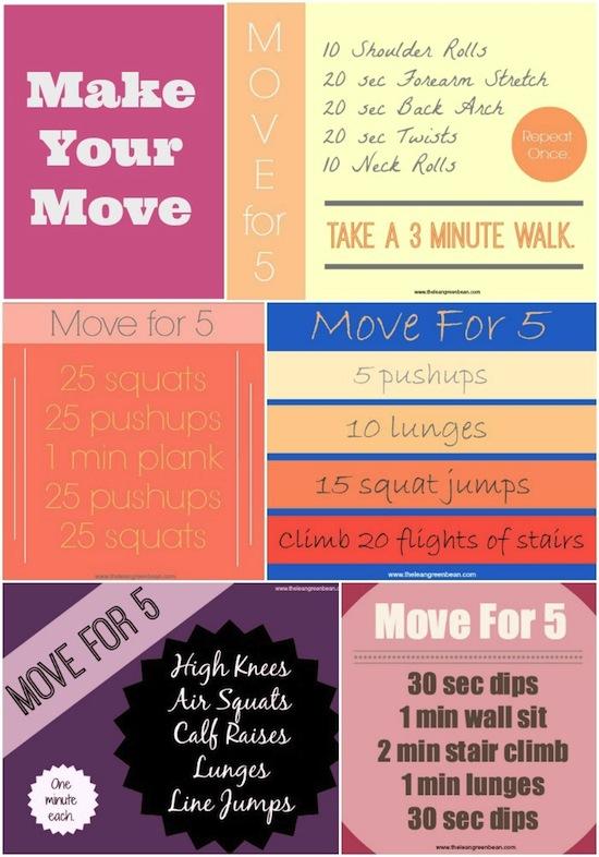 Do you find yourself sitting too much during the day? Set a goal to get up and move for 5 minutes every hour. Click for several 5 minute workouts that can be done at work or home!