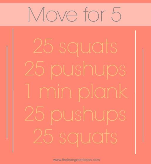 Do you find yourself sitting too much during the day? Set a goal to get up and move for 5 minutes every hour. Click for several 5 minute workouts that can be done at work or home!