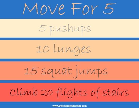 Do you find yourself sitting too much during the day? Set a goal to get up and move for 5 minutes every hour. Click for several 5 minute workouts that can be done at work or home!