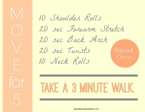 Do you find yourself sitting too much during the day? Set a goal to get up and move for 5 minutes every hour. Click for several 5 minute workouts that can be done at work or home!
