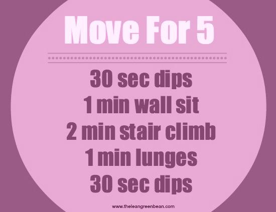 Do you find yourself sitting too much during the day? Set a goal to get up and move for 5 minutes every hour. Click for several 5 minute workouts that can be done at work or home!