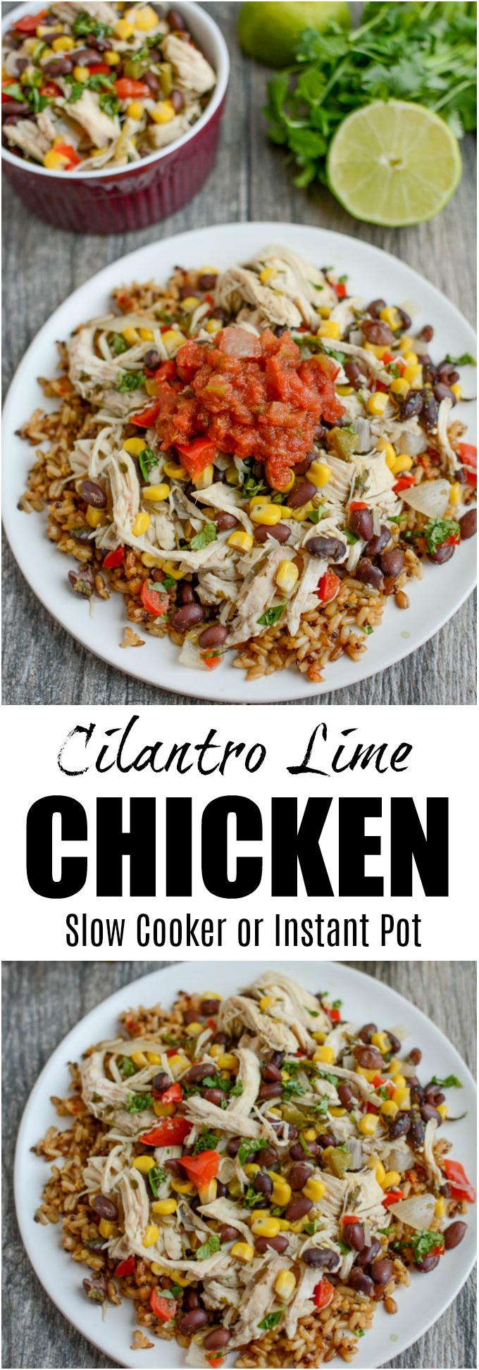 This Cilantro Lime Chicken is the perfect healthy dinner recipe and can be made in the slow cooker or the Instant Pot. Serve it over rice or as a filling for tacos. You can even prep it ahead of time and freeze until you need it.