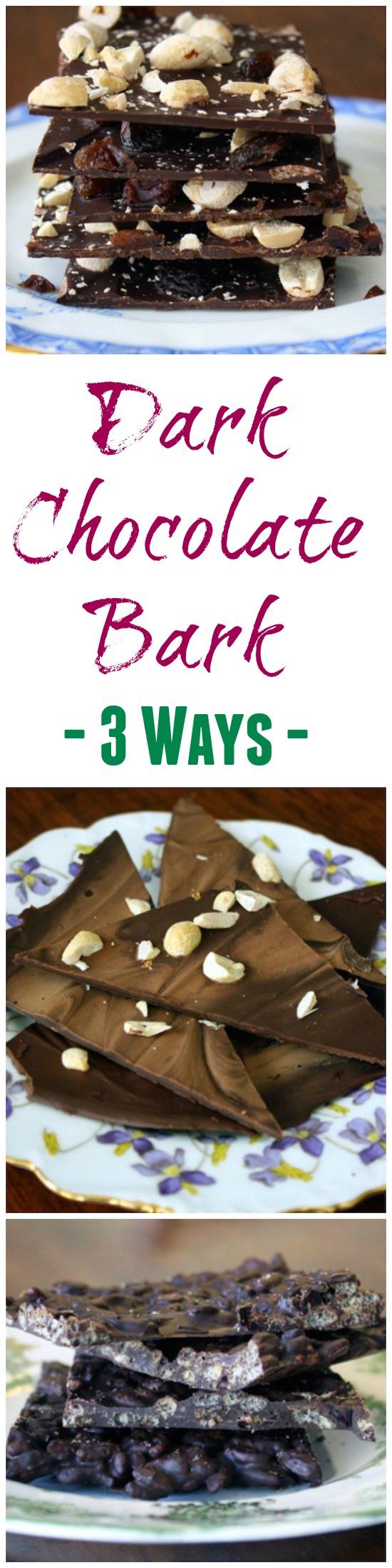 Make this dark chocolate bark for an after dinner treat. Here are three versions to make this dessert a hit with everyone! 