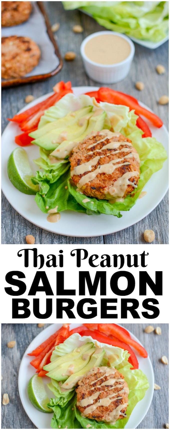 These Thai Peanut Salmon Burgers are a fun change from a traditional meat-based burgers. They're full of flavor or great on a bun, in a lettuce wrap or on a salad.