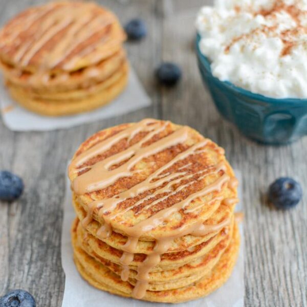 These Sweet Potato Protein Pancakes are made in a blender with protein-rich ingredients like cottage cheese and eggs. No protein powder required and they make a great breakfast or post workout snack.