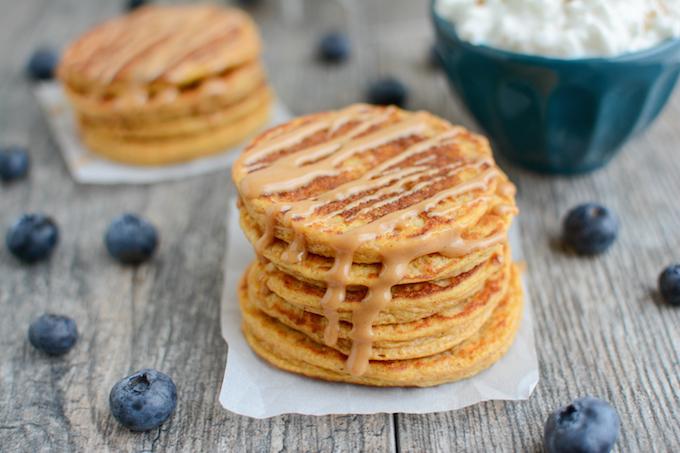 These Sweet Potato Protein Pancakes are made in a blender with protein-rich ingredients like cottage cheese and eggs. No protein powder required and they make a great breakfast or post workout snack.
