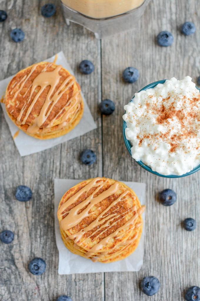 These Sweet Potato Protein Pancakes are made in a blender with protein-rich ingredients like cottage cheese and eggs. No protein powder required and they make a great breakfast or post workout snack.