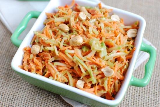 Don't throw away those broccoli stems! Turn them into slaw and top with a peanut dressing!