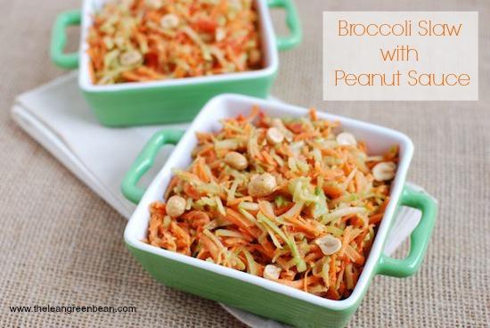 Don't throw away those broccoli stems! Turn them into slaw and top with a peanut dressing!