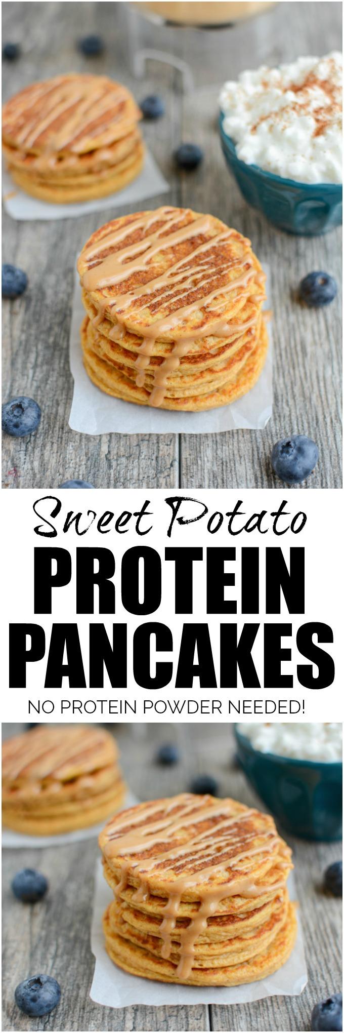 These Sweet Potato Protein Pancakes are made in a blender with protein-rich ingredients like cottage cheese and eggs. No protein powder required and they make a great breakfast or post workout snack.