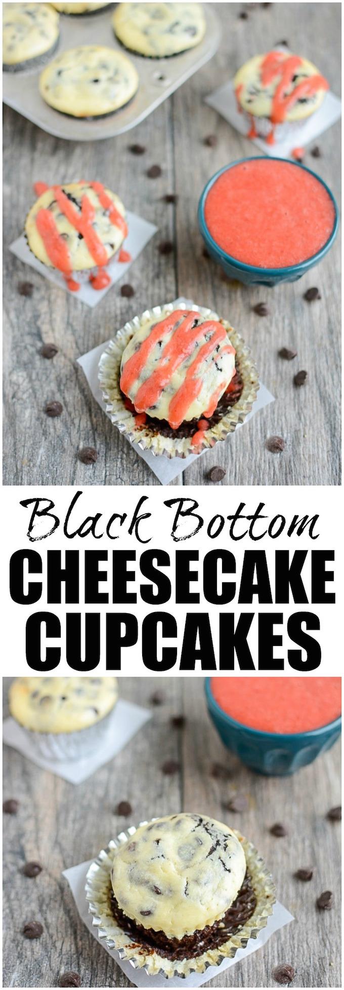 These Black Bottom Cheesecake Cupcakes are the perfect balance of chocolate cupcake on the bottom and cheesecake on the top! It's like two desserts in every bite! Top them with a simple strawberry sauce if desired.