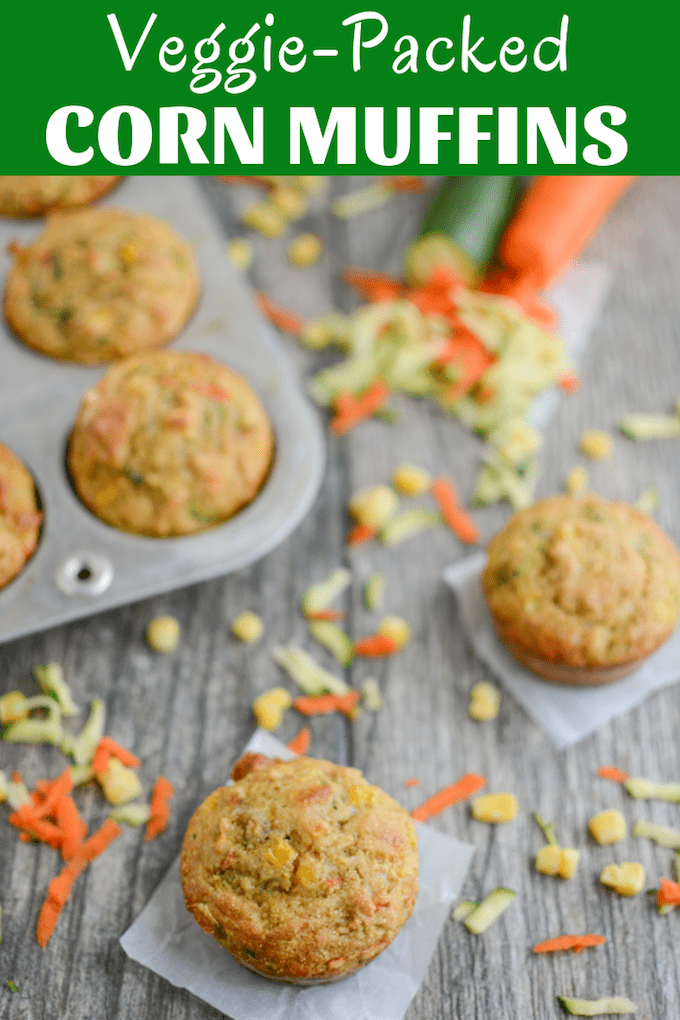 These Veggie Corn Muffins are packed with shredded veggies and cheese. The perfect side dish for dinner, plus they're kid-friendly and easy to customize!