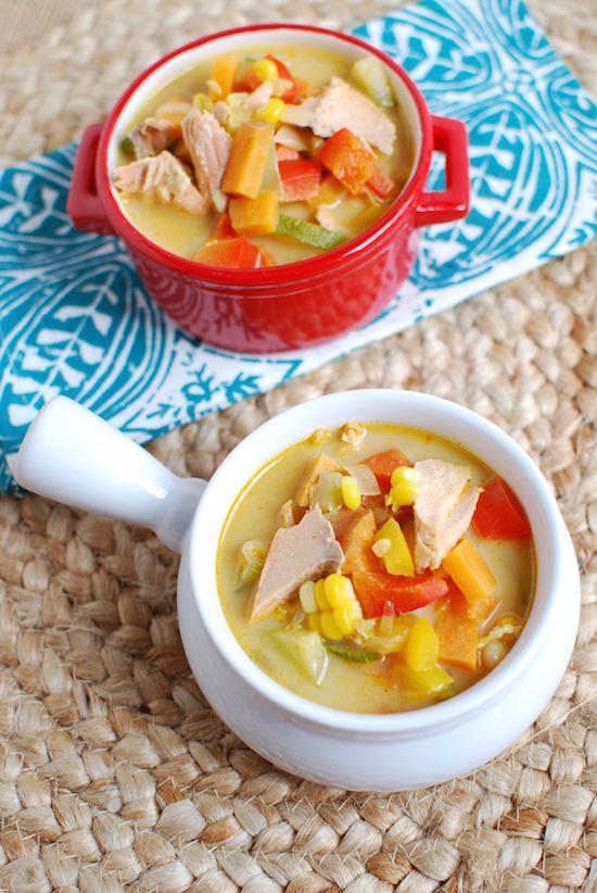 This Salmon Corn Chowder is a light, simple soup that's packed with vegetables. Enjoy it for lunch or dinner even on a hot summer day.