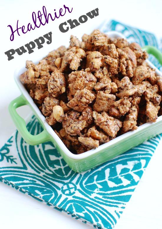 Your favorite childhood snack gets a makeover! This Healthier Puppy Chow is healthy enough to eat as a snack but sweet enough to pass as dessert!