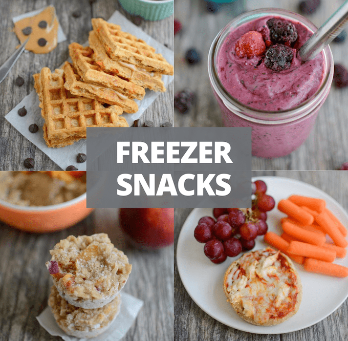 Collage of sweet potato waffles, berry smoothie, freezer oatmeal cups and english muffin pizza