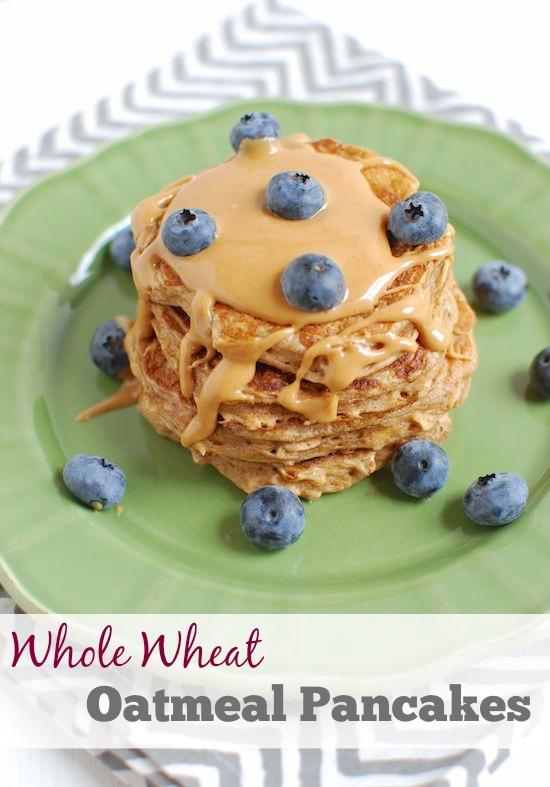 Made with healthy ingredients like oats, whole wheat flour and yogurt, these pancakes make a great breakfast. Make an extra batch to freezer for busy mornings!