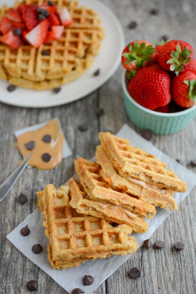 Sweet Potato Waffles with chocolate chips and fresh strawberries