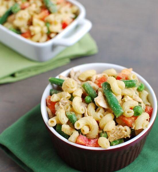 chicken pasta salad with salsa hummus dressing